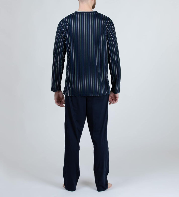 Herren Schlafanzug lang aus 100% Baumwolle mit V-Ausschnitt und Streifen-Design, Streifen-druck auf