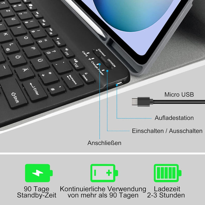 Zabatoco Samsung S6 Lite Table Hülle mit Tastatur (Deutsches QWERTZ) Abnehmbarer magnetischer Blueto