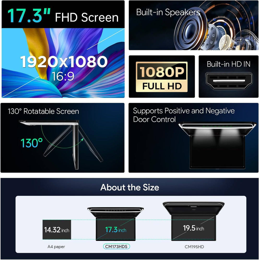 XTRONS 17,3“ Digital TFT FHD 16:9 Bildschirm für Auto Bus unterstützt 1080P Video Auto Overhead Play