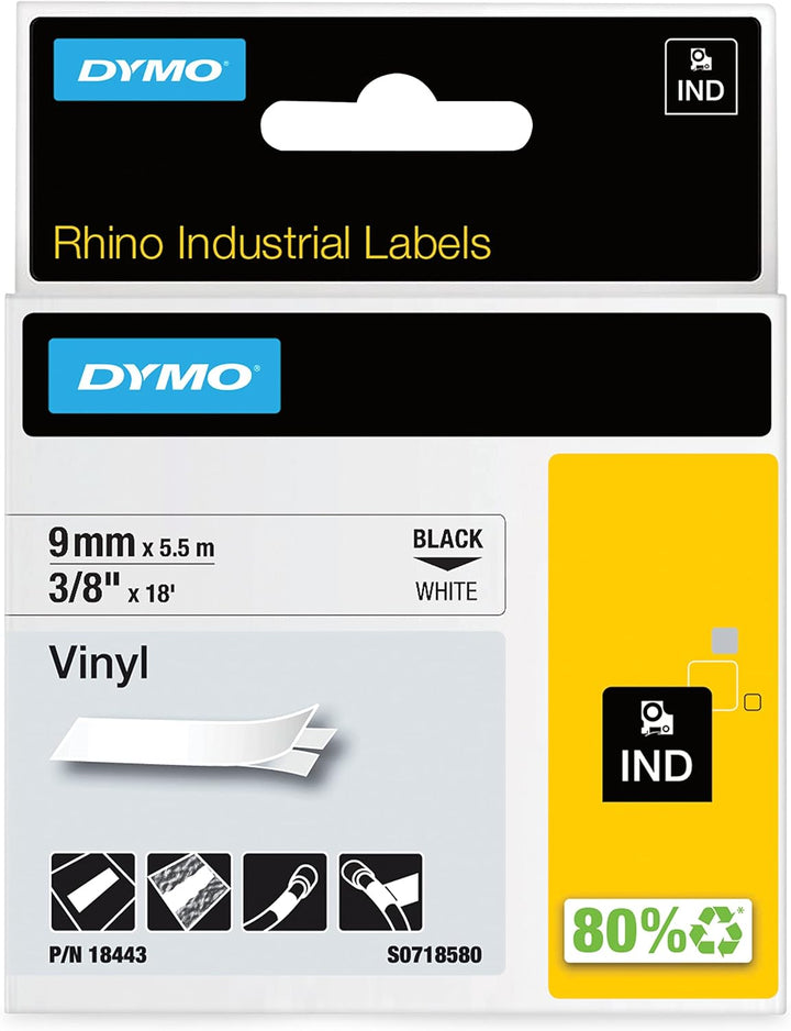 DYMO Rhino-Industrie-Vinyletiketten | 9 mm x 5,5 m | schwarz auf weiss | selbstklebendes Schriftband