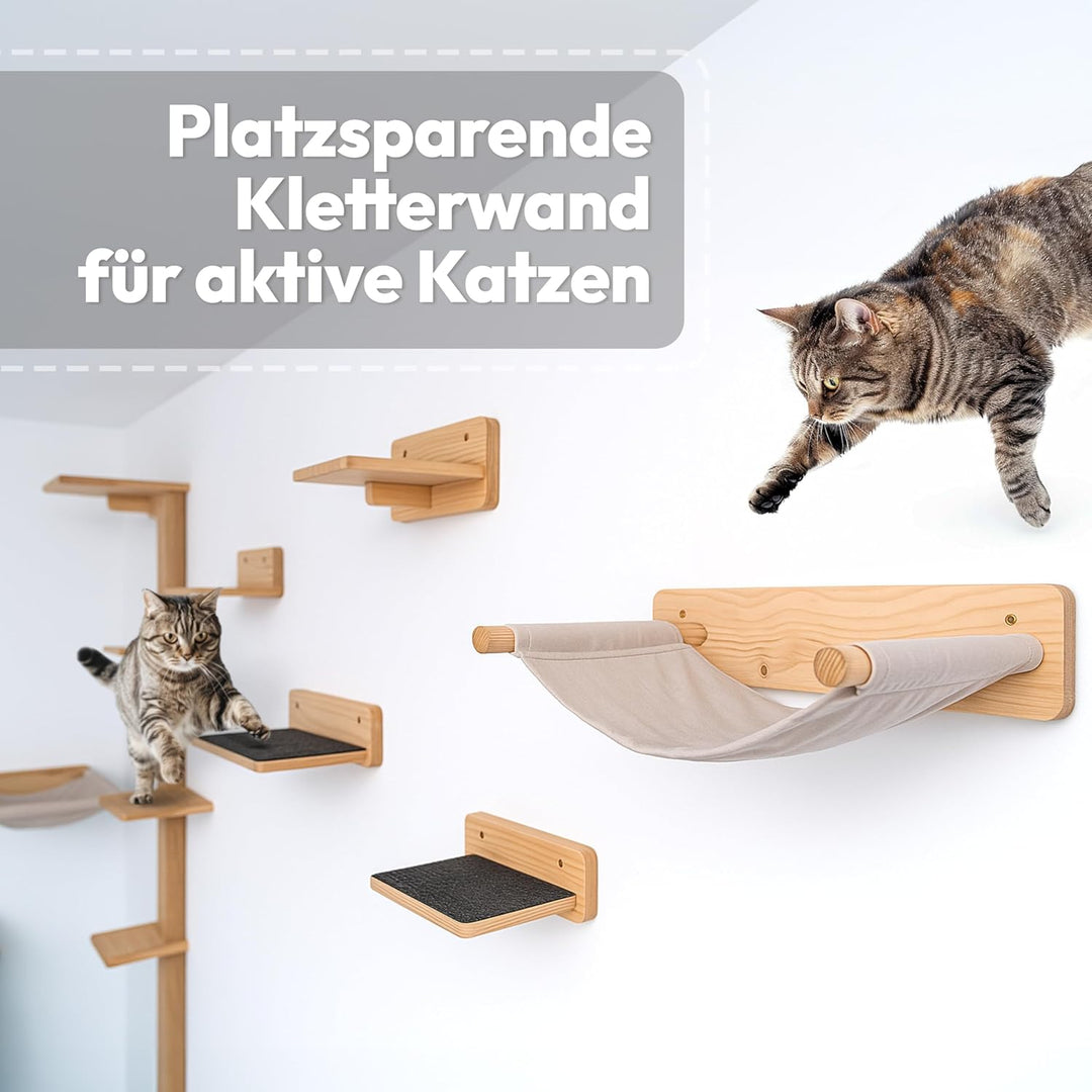 Katzen Wand-Hängematten Set – 2 Hängematten & 3 Plattformen aus Massivholz & Sisal Modularer Katzen