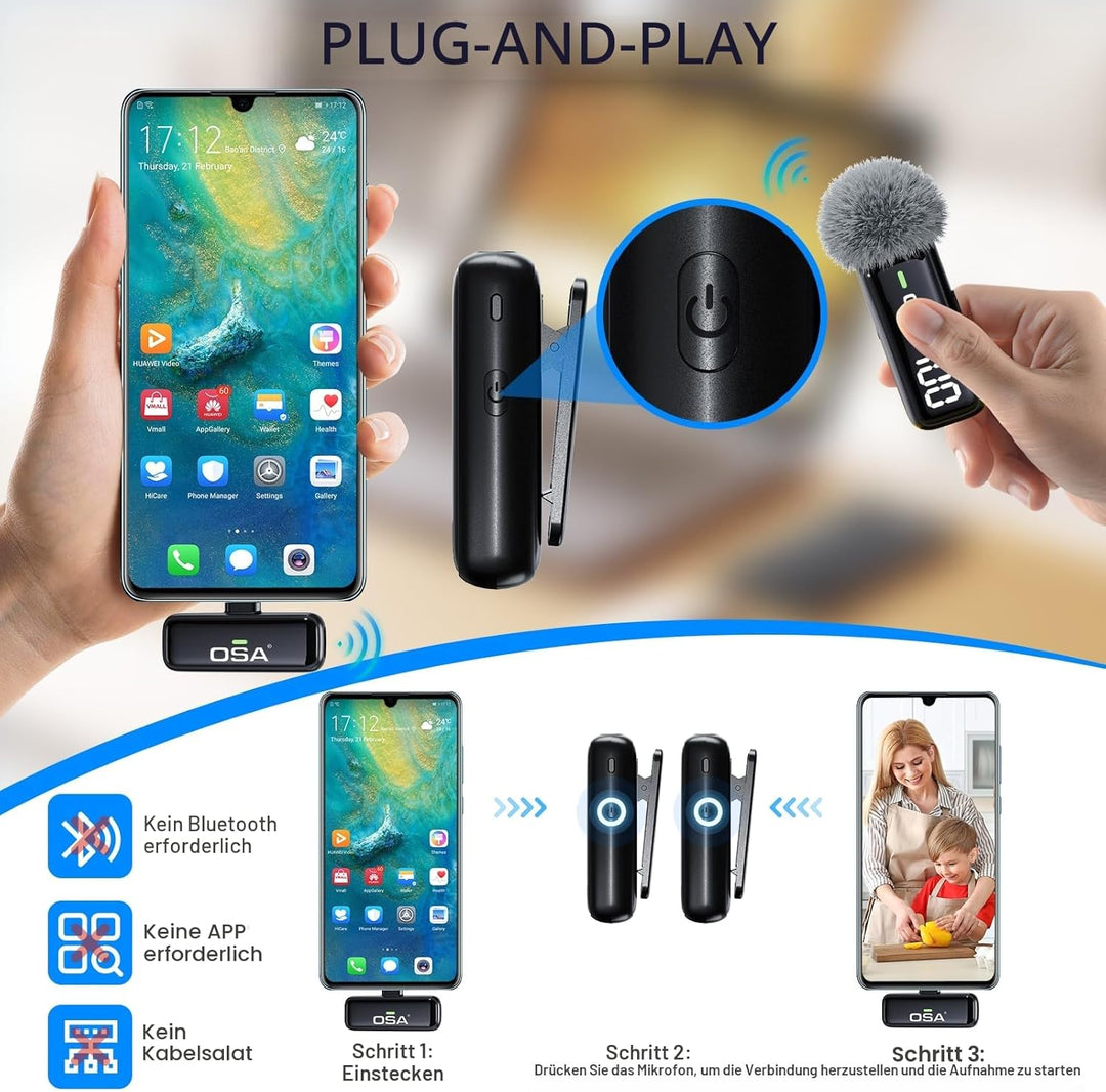 OSA Lavalier Mikrofon Kabellos Handy für iPhone, Professionelles Wireless Mikrofon Plug-Play Kabello