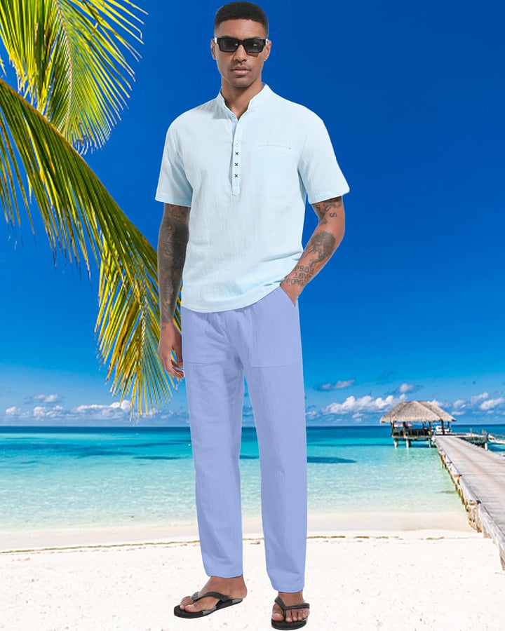 LVCBL Leinenhose Herren Sommer Herbst Lose Lässige Leinenhose mit Taschen Elastischer Bund M Hellbla