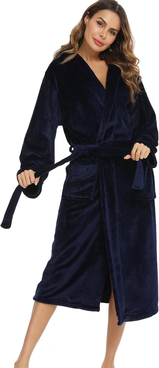Vlazom Damen Winter Bademantel Flanell mit Kapuze Langärme Morgenmantel Saunamantel Flauschiger Robe