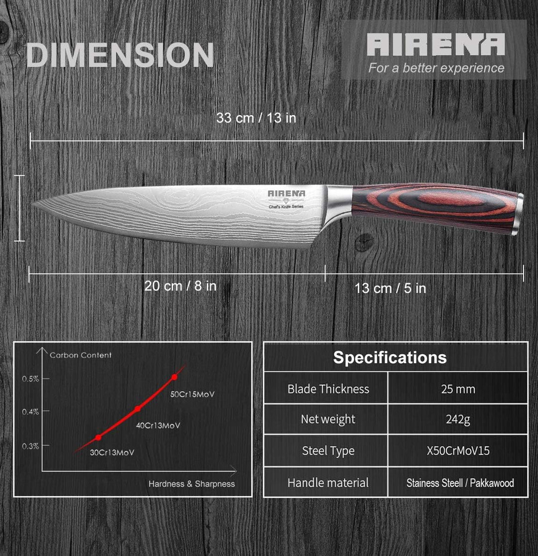 AIRENA Kochmesser, 8" Top Küchenmesser - Japanisches Messer Damaskus-Stil - Premium Rostfreier deuts