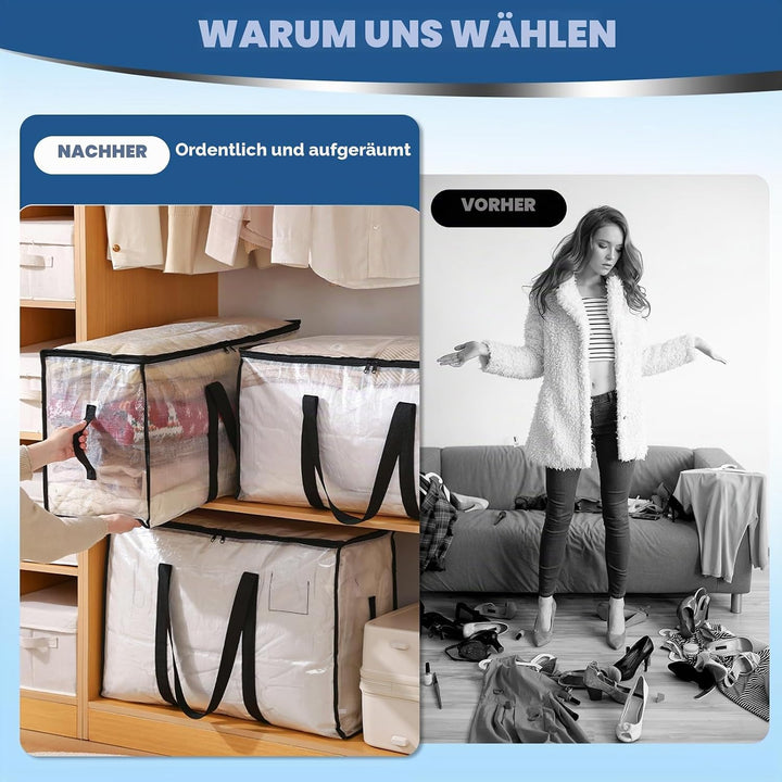 6 Stück Grosse Aufbewahrungstasche, Transparent Umzugstaschen 90 L, mit Reissverschluss und Tragegri