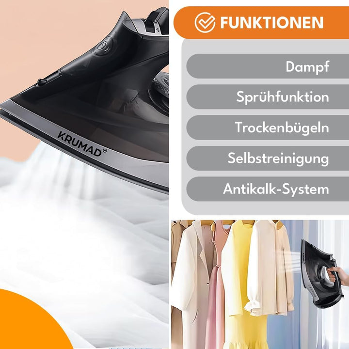 Dampfbügeleisen Kabellos 2600W, Keramiksohle mit 34 Dampflöchern, 330 ml Wassertank, Dampf- & Trocke