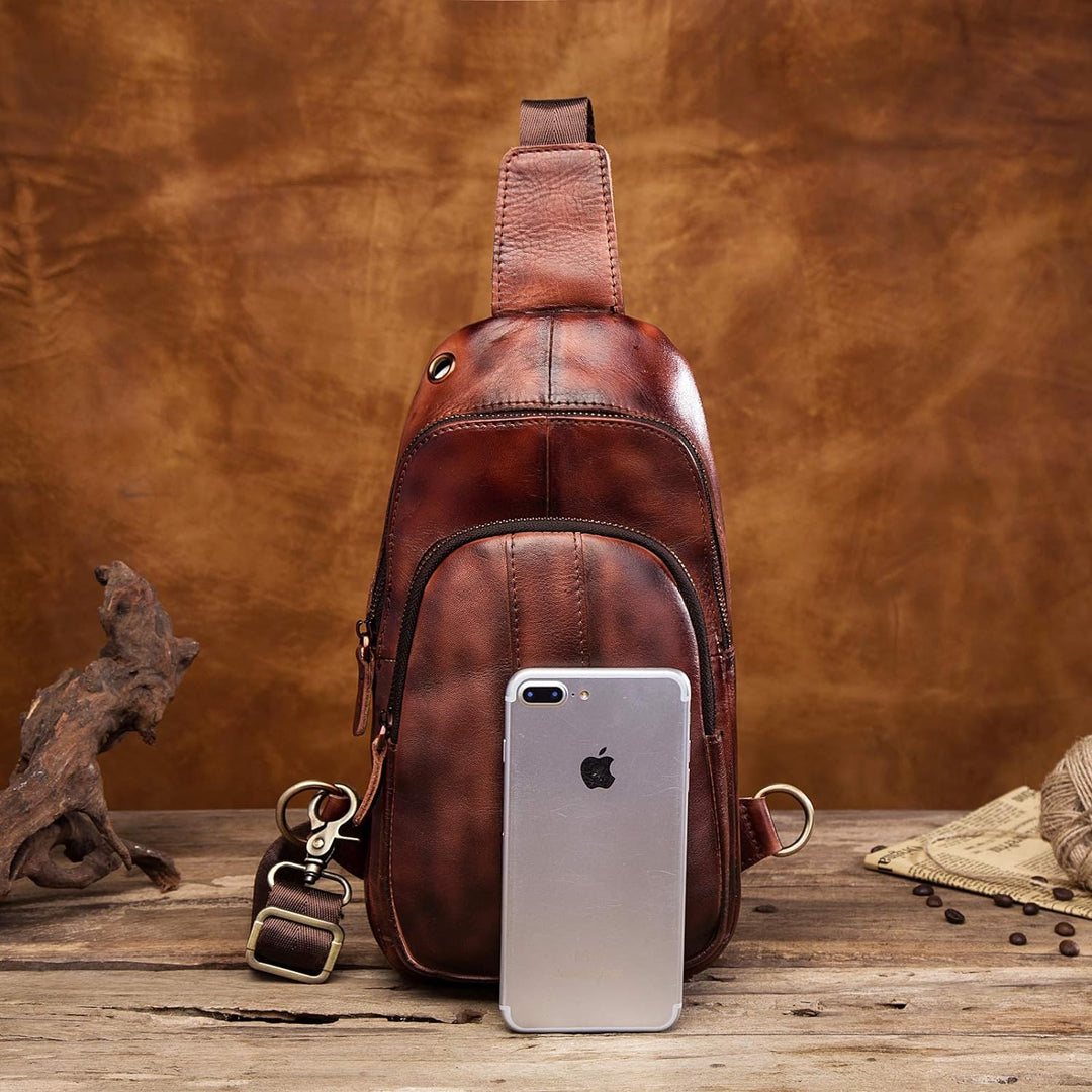 Le'aokuu Herren Echtes Leder Brusttasche Crossbody Bag Sling Bag Schultertasche Gurteltasche Umhänge