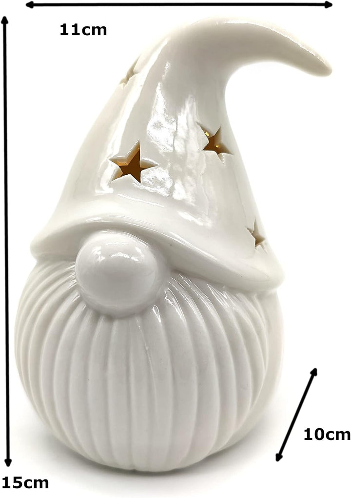 DARO DEKO Porzellan LED Zwerge 2er Set Creme-weiss 12cm und 15cm Dekofigur Weihnachtsdeko, 2er Set