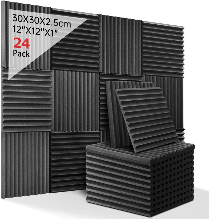 Kuchoow Schallabsorber Akustikschaumstoff, 24 Stück Schwarz Acoustic Foam für Podcasts, Aufnahmestud