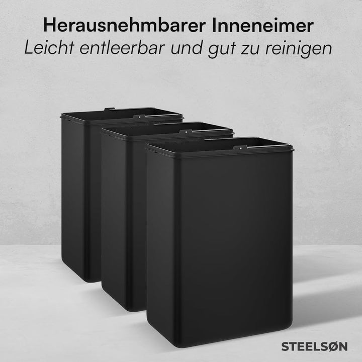 STEELSØN Epsilon Mülleimer 3 Fächer – Mülltrennsystem Küche 3x15L aus Edelstahl Silber – Tretmülleim