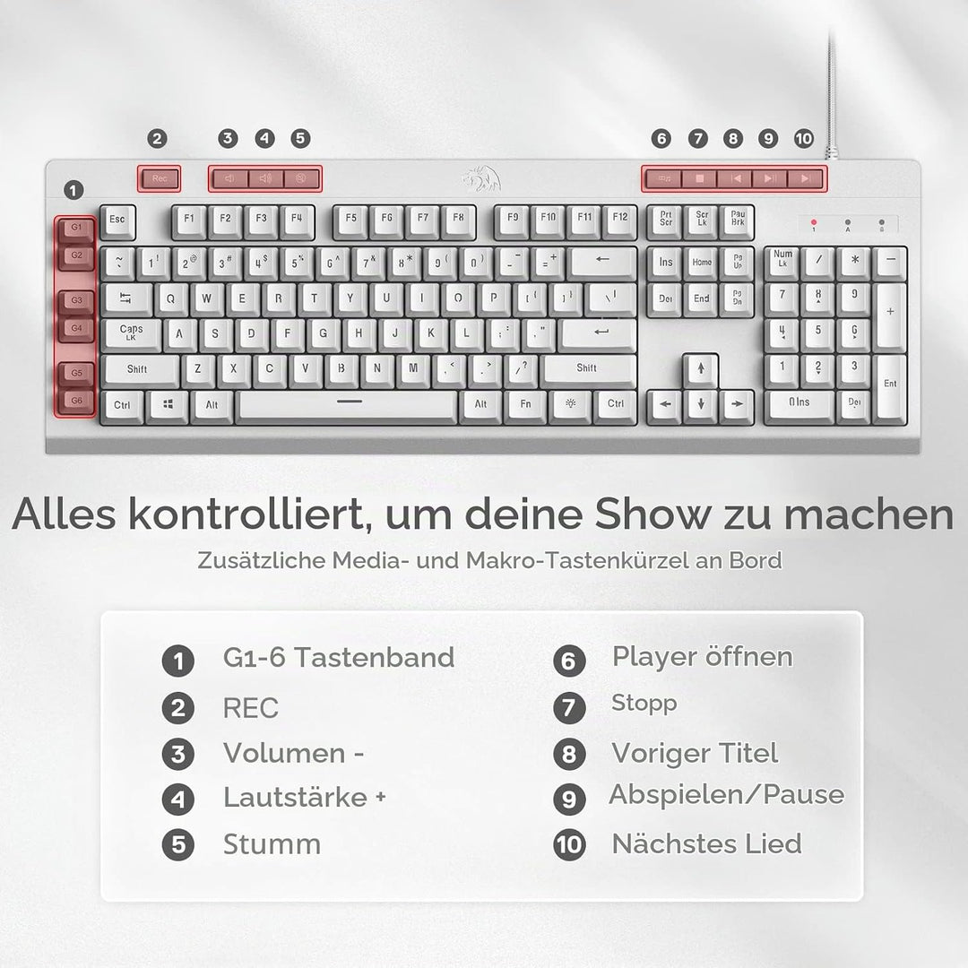 Redragon K512 Shiva US-Layout weisse Membran-Gaming-Tastatur, RGB-Beleuchtung, Programmierbare G-Tas
