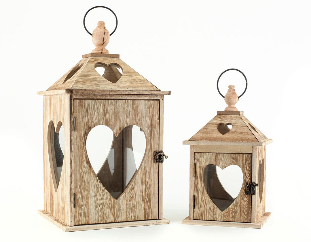 levandeo 2er Set Laternen aus Holz und Glas mit Herz Herzfenster - Windlichter Farbe braun - Tischla