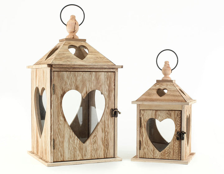 levandeo 2er Set Laternen aus Holz und Glas mit Herz Herzfenster - Windlichter Farbe braun - Tischla