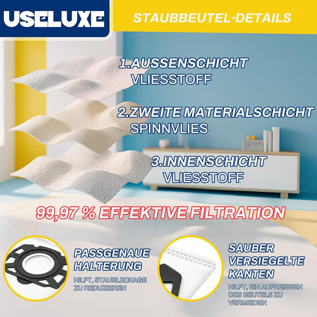 16 Staubsaugerbeutel + 2 Filter kompatibel mit Kärcher WD4 WD5 WD6 WD5P WD6P MV4 MV5 MV6, KFI 487 Be