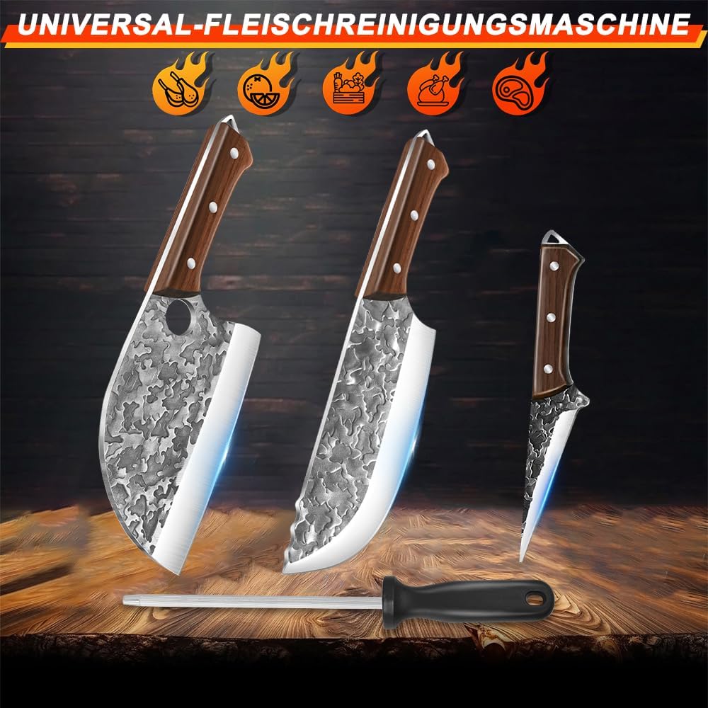 MDHAND Metzgermesser Set 3-teilig Handgeschmiedetes Serbisches Kochmesser Set mit Ausbeinmesser & Ha