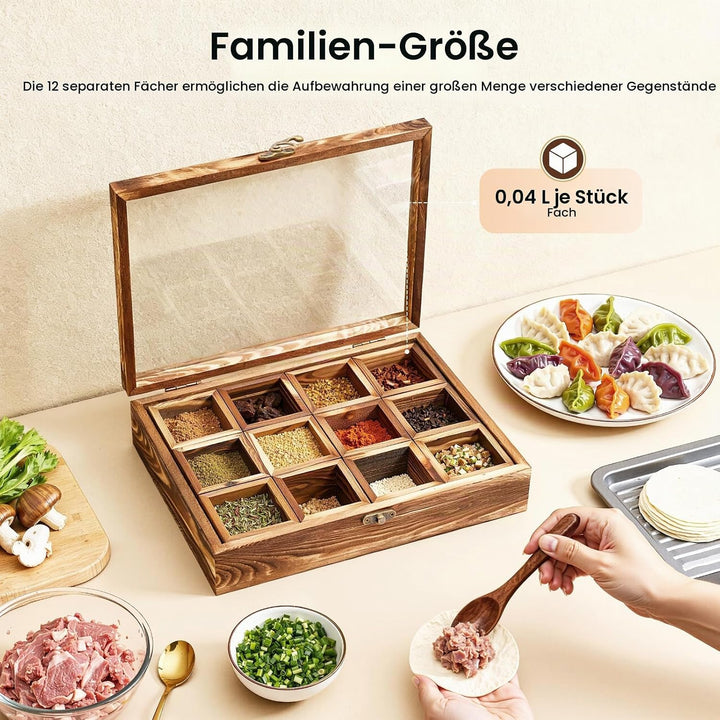 Handgefertigte Indische Masala Dabba Gewürzbox aus Holz mit Glasdeckel,Gewürzbox mit 12 nicht heraus