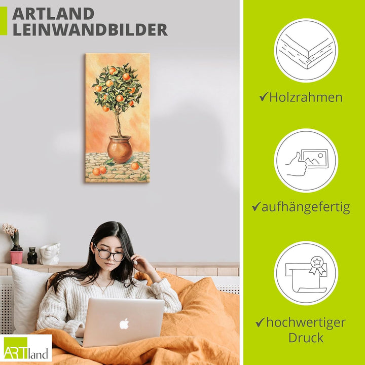 ARTLAND Wanddeko Leinwand Bilder Wandbild 30x60 cm Botanik Pflanzen Topfpflanze Malerei Orange T5HX