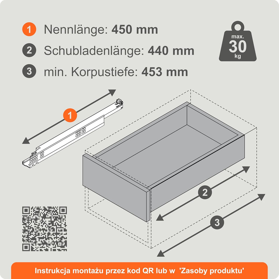 BLUM Tandem Schubladen-Auszug 450mm Vollauszug mit Blumtion (=Softclose); 1 Paar inkl. Kupplung 450