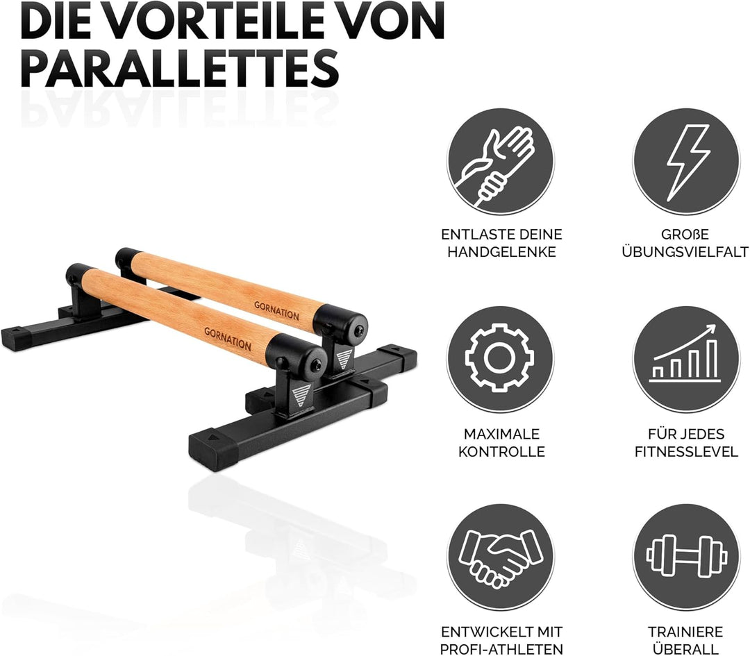 GORNATION Parallettes, inkl. Grip Tape, Calisthenics Equipment für Handstand & Push Ups, Liegestützg