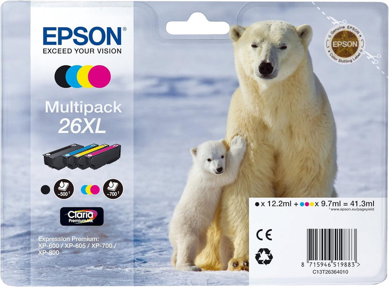 Epson Tinte T2636, 26XL Original Kombi-Pack Schwarz, Cyan, Magenta, Gelb C13T26364010, Multipack, XL