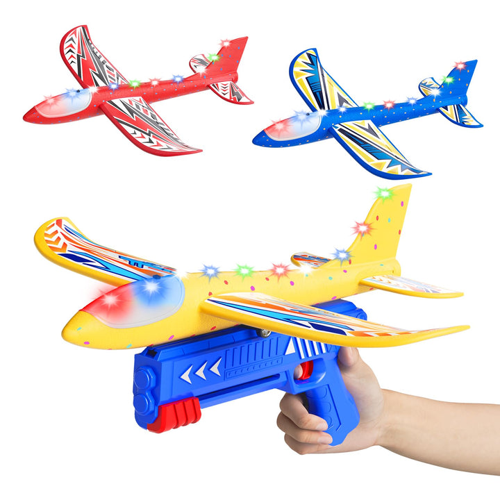 Doloowee Flugzeug Launcher Spielzeug, 3 styroporflieger mit Katapult, 2 Flug Modi & LED Beleuchtung,