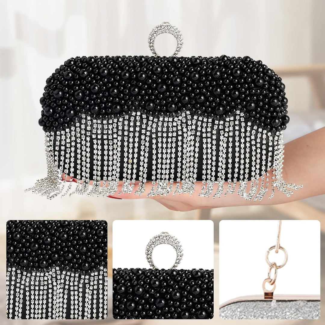 CORIOS Damen Clutch Perlen Strass Fransen Abendtasche Braut Handtasche Abnehmbarer Kette Umhängetasc