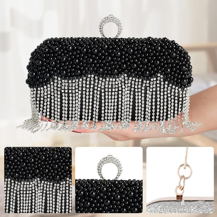 CORIOS Damen Clutch Perlen Strass Fransen Abendtasche Braut Handtasche Abnehmbarer Kette Umhängetasc