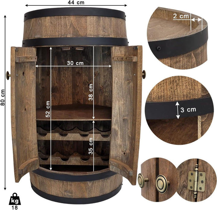 weeco Fassbar mit Tür und Weinregal. Hausbar Weinrack 80 cm. Rustikaler deko Barschrank Weinständer