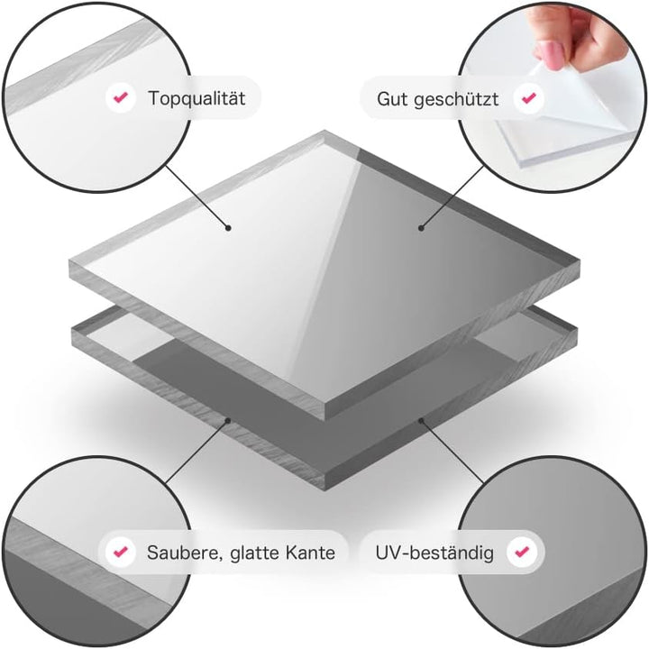 Acrylglasplatte Silber 5 mm - Rechteck in Abmessungen von 10x10 cm bis 100x230 cm. UV-beständig, hoc