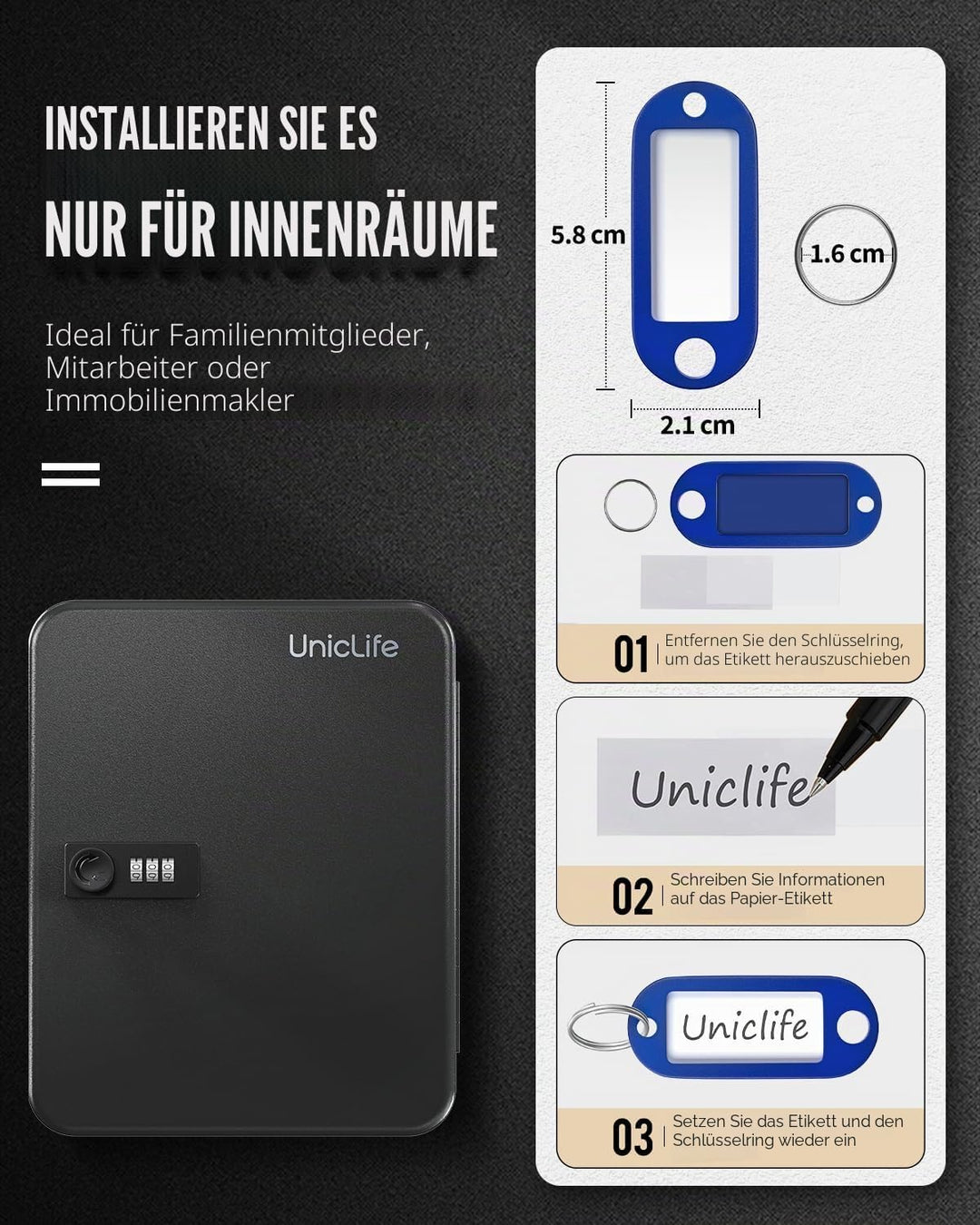 Uniclife Schlüsselschrank aus Stahl mit 48 Schlüsseln und Zahlenschloss, an der Wand befestigter Sch