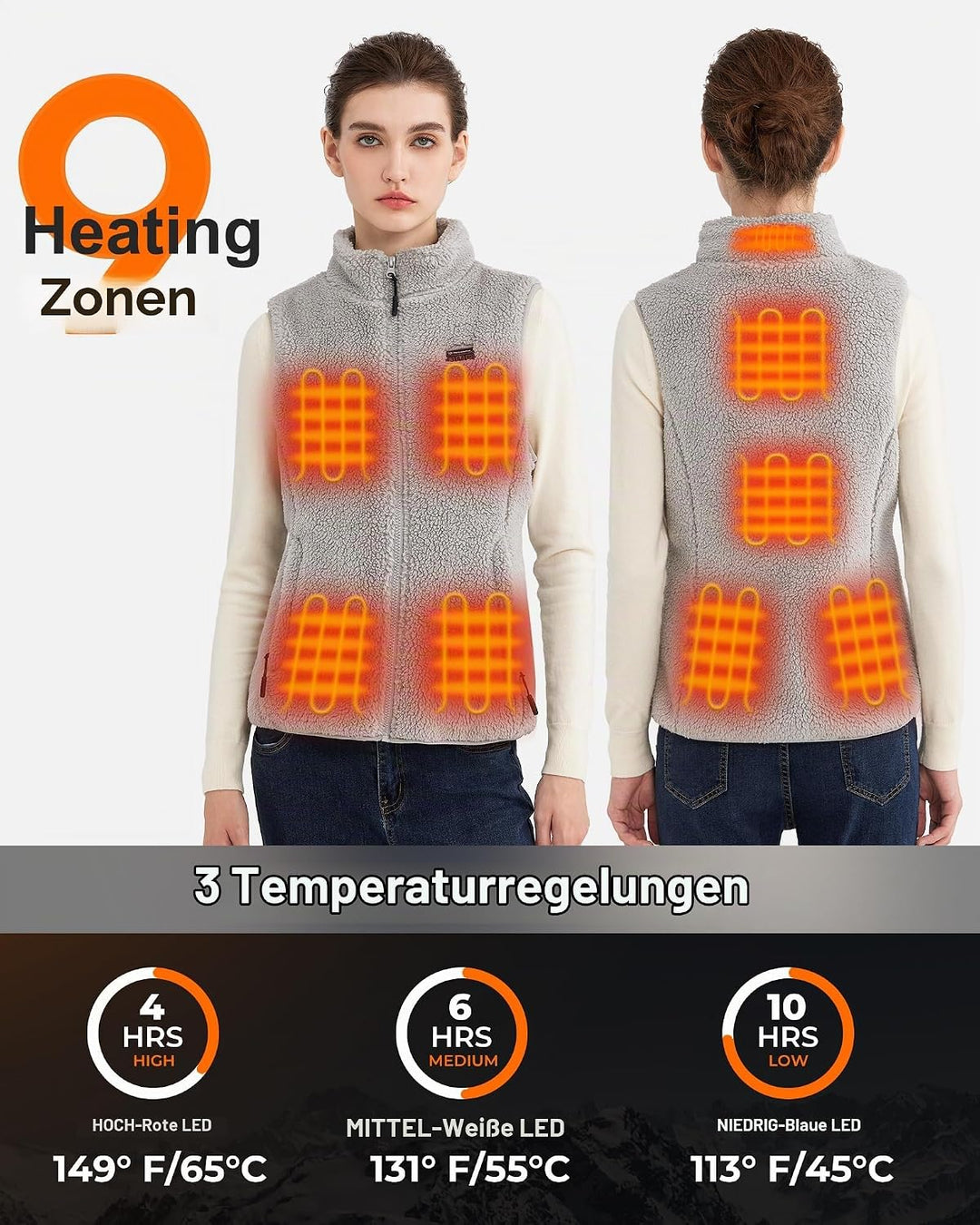 Flauschige Heizweste Damen mit 16000mAh 7.4V Powerbank inklusive, Sherpa Beheizte Weste Damen, Elekt