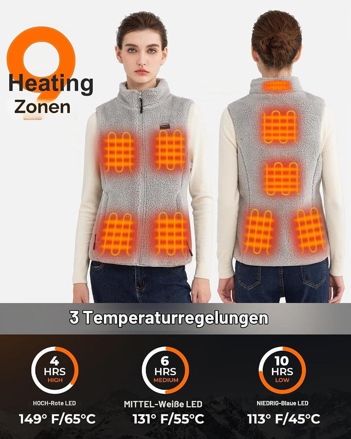 Flauschige Heizweste Damen mit 16000mAh 7.4V Powerbank inklusive, Sherpa Beheizte Weste Damen, Elekt