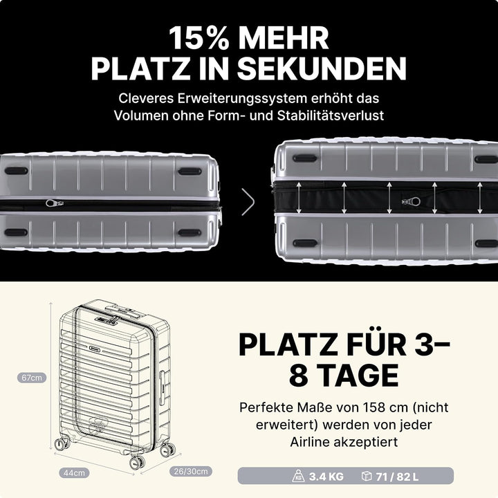 Eminent Voyager Koffer Mittelgross 67x44x26 cm, Erweiterbar, Hartschalenkoffer, 4 Rollen, Leicht, TS