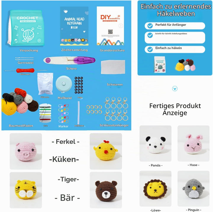 GCFTIFF Häkelset für Anfänger, Häkeln Sie Ihre eigenen 8 PCS Tiere, Häkelset für Anfänger mit Schrit