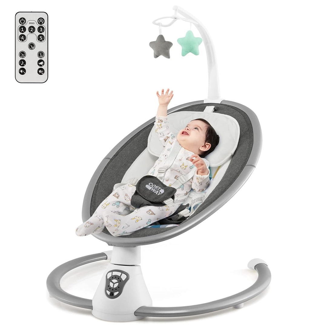 COSTWAY Elektrische Babywippe, Babyschaukel mit 5 Schaukelstufen, 3-Stufen-Timer-Funktion, 5-Punkt-S