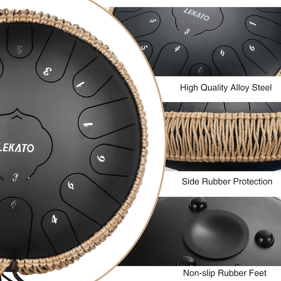 LEKATO Tongue Drum 13 Zoll 15 Noten, Anfänger/Professional Zungentrommel Schlagzeug mit Tragetasche,