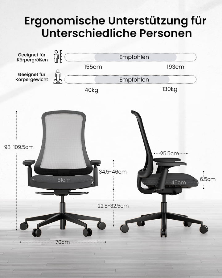 ProtoArc Flexer Ergonomischer Bürostuhl – Schreibtischstuhl mit Sitztiefenverstellung, konturiertem