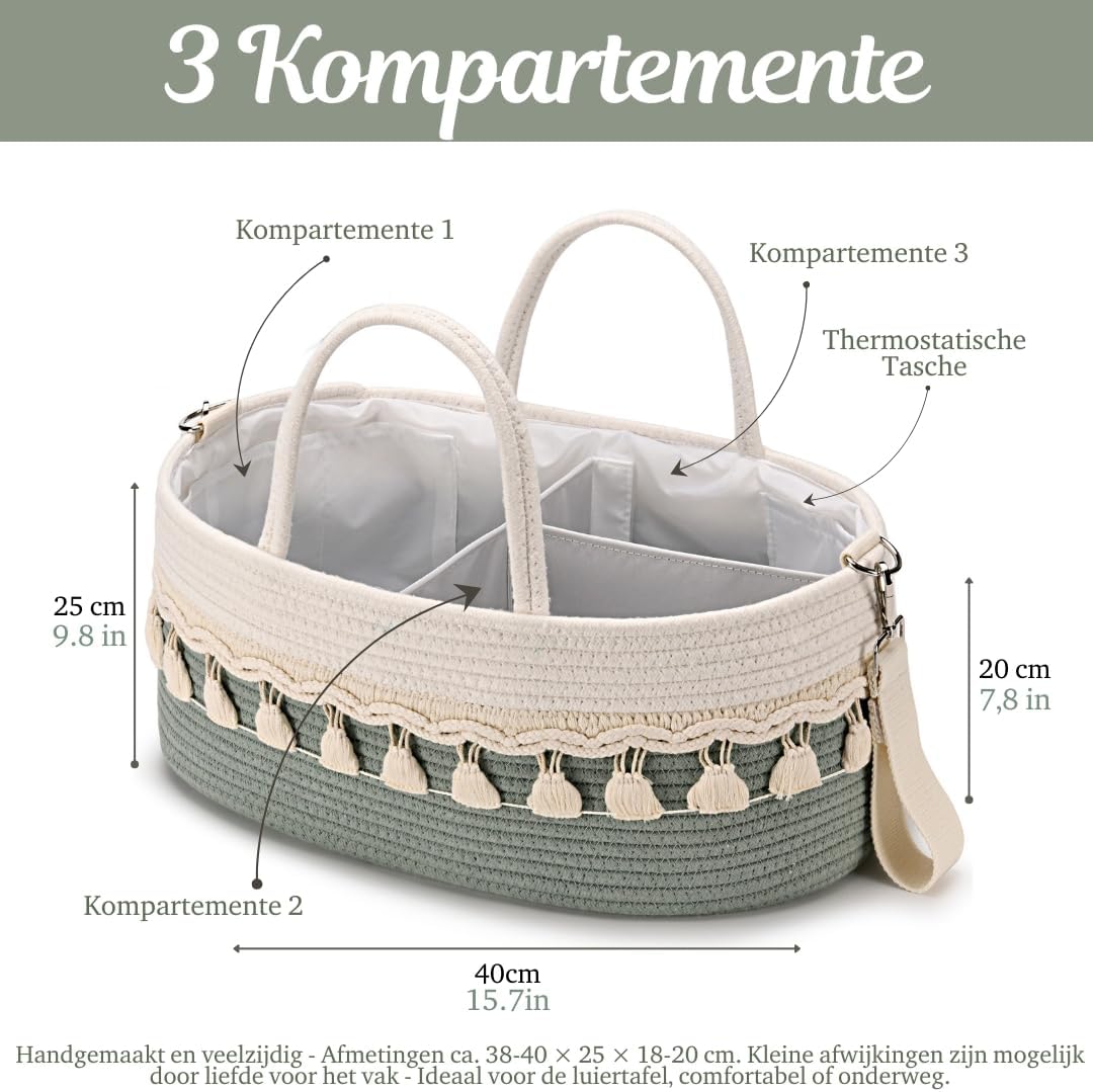 SEBRAM Wickeltisch Organizer Baby – Wickelkorb Boho aus Baumwollseil, Windel Organizer Caddy & Winde