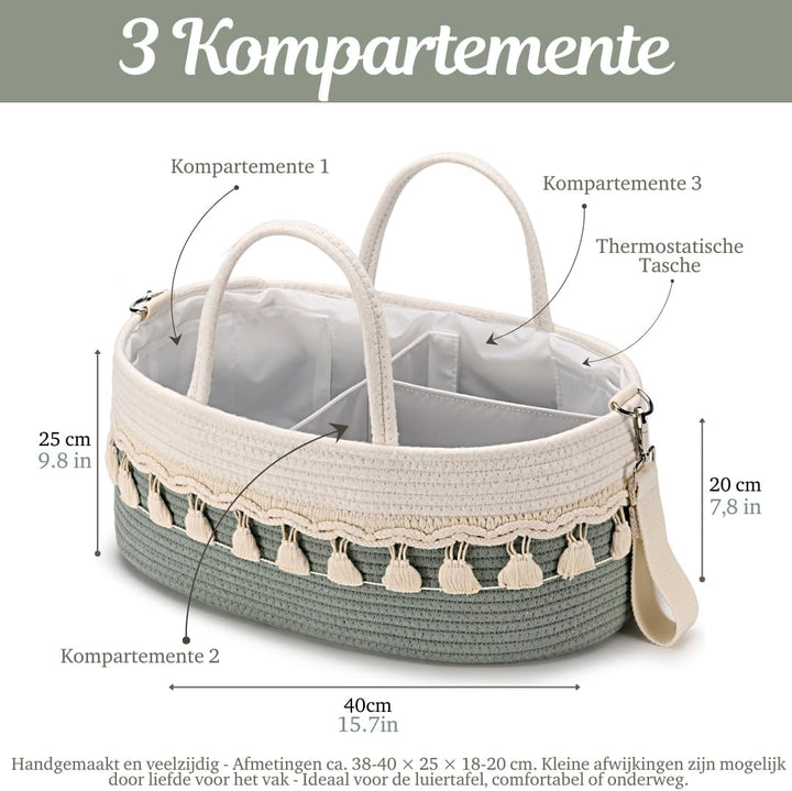 SEBRAM Wickeltisch Organizer Baby – Wickelkorb Boho aus Baumwollseil, Windel Organizer Caddy & Winde