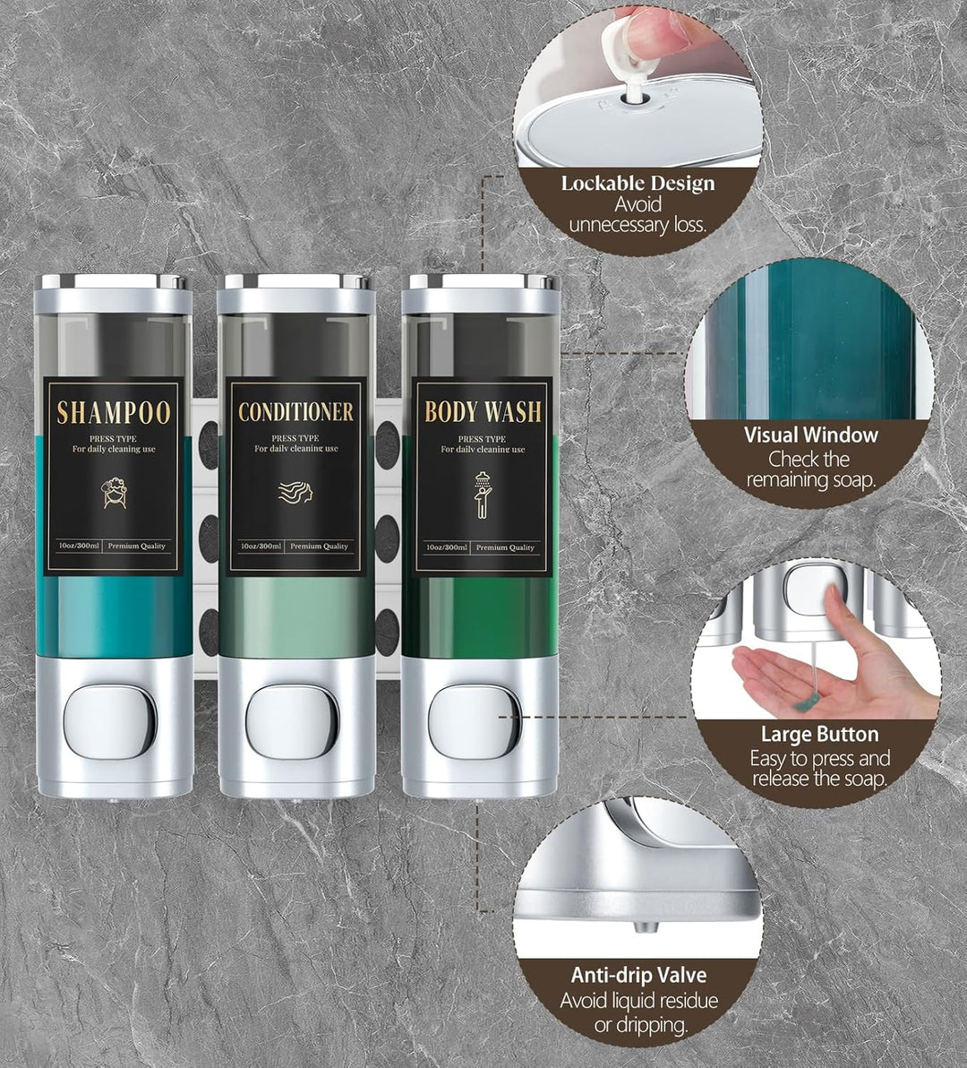 Luxspire Shampoo- und Conditioner-Spender, bohrerloser Wand-Duschseifenspender mit 3 Kammern und was