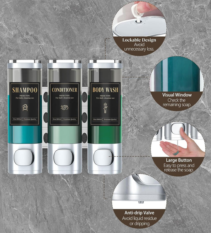 Luxspire Shampoo- und Conditioner-Spender, bohrerloser Wand-Duschseifenspender mit 3 Kammern und was
