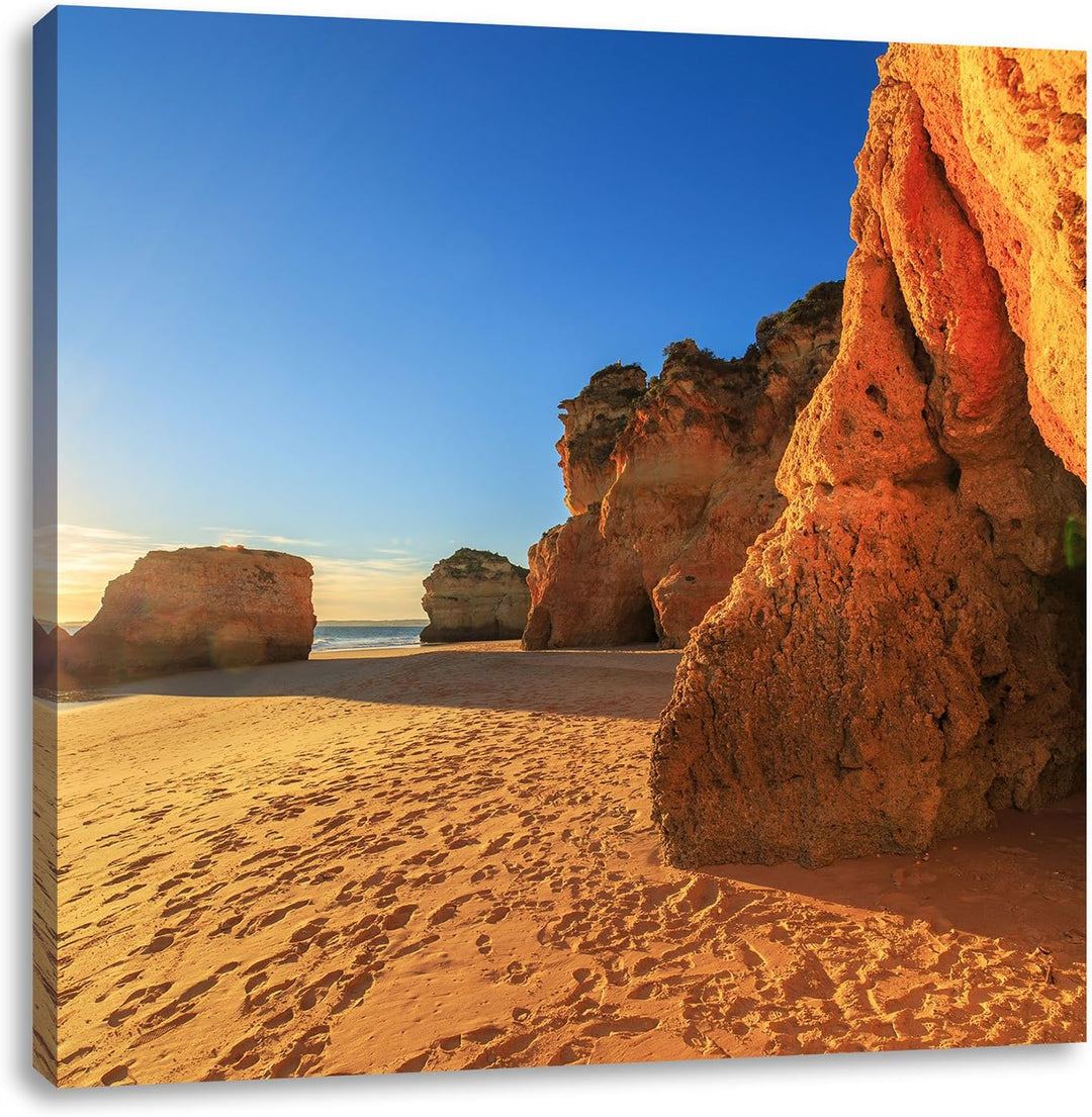 Sonnenuntergang an Felsen, Format: 70x70 auf Leinwand, XXL riesige Bilder fertig gerahmt mit Keilrah