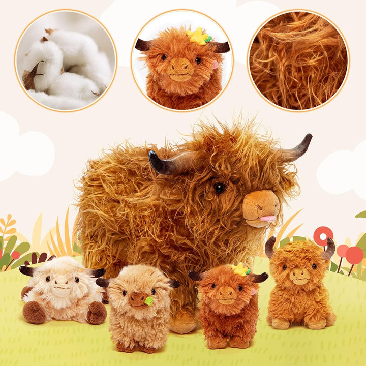 OUOZZZ 5 Stück Hochlandrind Kuscheltier Set, Weich Hochlandrind Plüschtier mit 4 Baby Hochlandrind S
