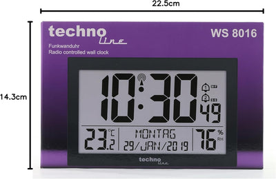 Technoline 8016 Funk-Wand-Uhr mit Temperaturanzeige, Kuststoff, schwarz, 225 x 143 x 24 mm, WS8016SC