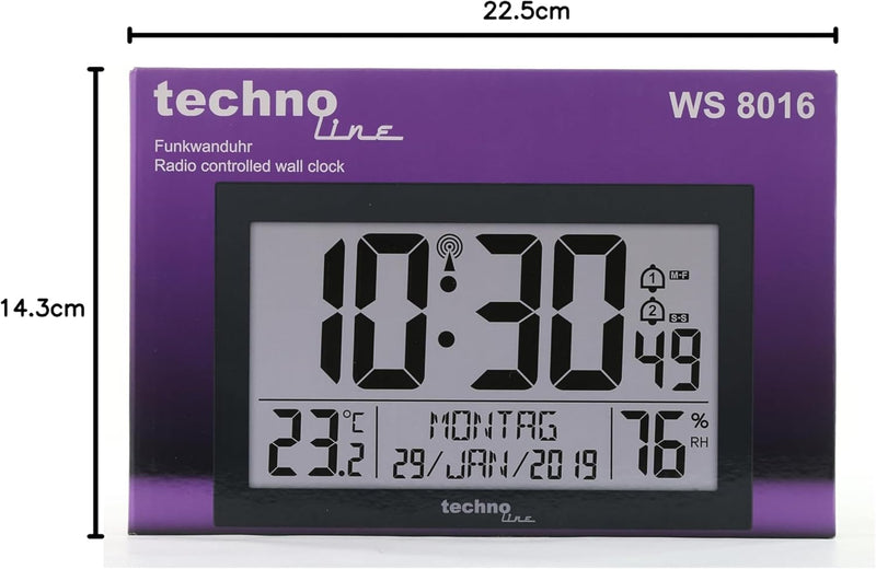 Technoline 8016 Funk-Wand-Uhr mit Temperaturanzeige, Kuststoff, schwarz, 225 x 143 x 24 mm, WS8016SC