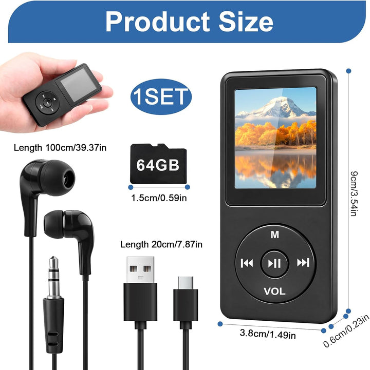 MP3 Player Bluetooth 5.3 64 GB mit 1,8 Zoll TFT Farbdisplay, HiFi Musik Player mit Lautsprecher, Kop