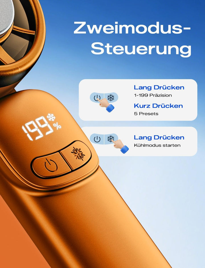 MAGIC JOHN Mini Handventilator mit Kühlung (orange) | 199 Lüfterstufen, bis zu 11h Laufzeit, USB-C A