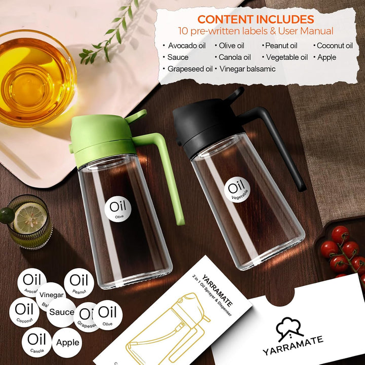 YARRAMATE 2 in 1 Ölsprüher für speiseöl, 470ml ölflasche lebensmittelecht | 2 Stück Ölspray zum Koch