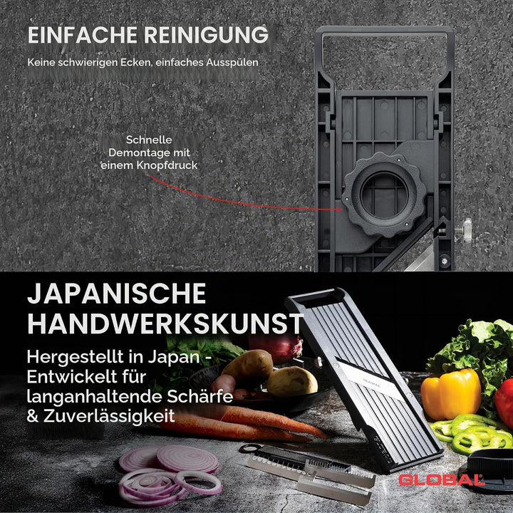 GLOBAL Mandoline GSL-64/BC – Premium Gemüsehobel 64 mm | Mit 3 Julienne-Klingen &amp; Fingerschutz | Stu